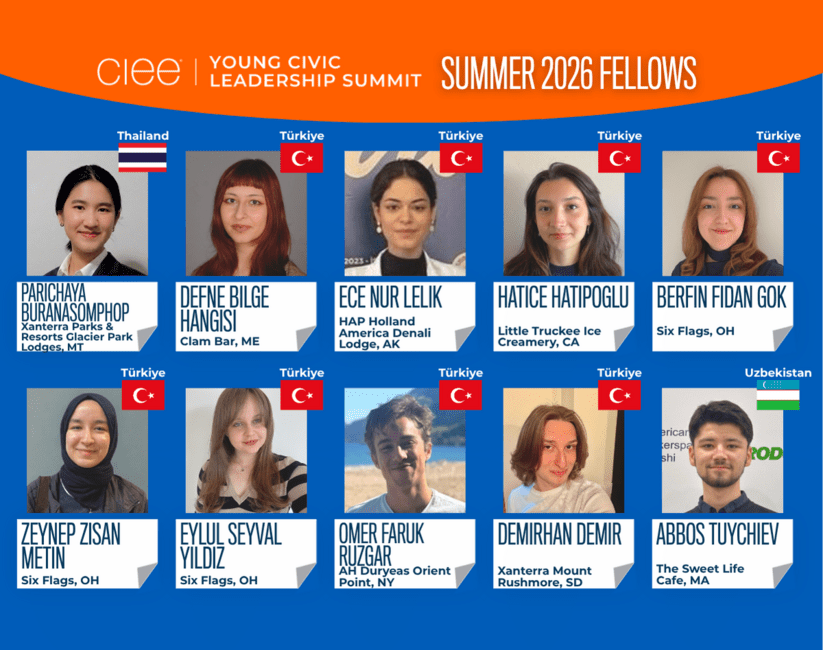 Graphic featuring the CIEE Young Civic Leadership Summit Summer 2026 Fellows. The collage includes headshots of ten fellows from Thailand, Türkiye, and Uzbekistan, with each person's name, home country flag, and U.S. host employer/location displayed beneath their photo.