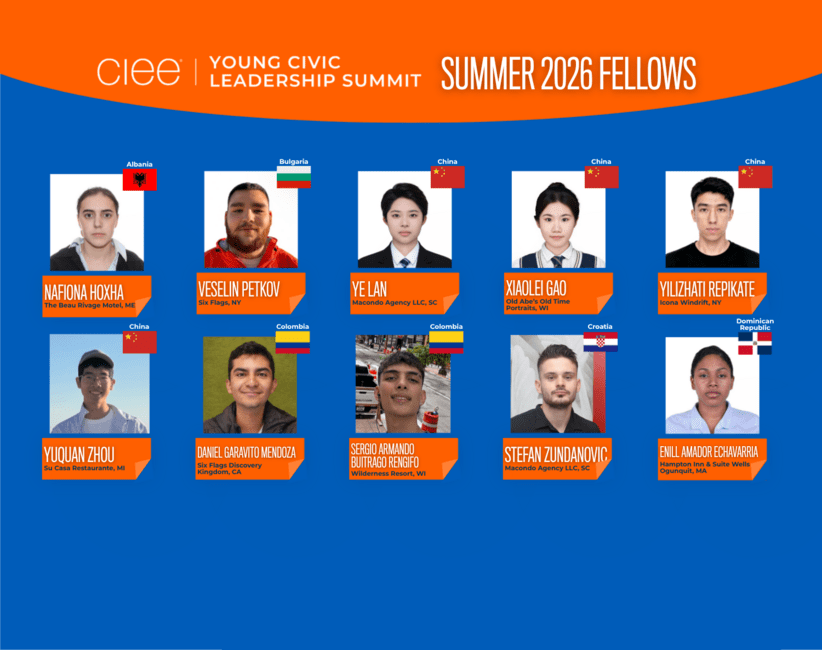 Graphic featuring the CIEE Young Civic Leadership Summit Summer 2026 Fellows. The collage includes headshots of ten fellows from Albania, Bulgaria, China, Colombia, Croatia, and the Dominican Republic, with each person's name, home country flag, and U.S. host employer/location displayed beneath their photo.
