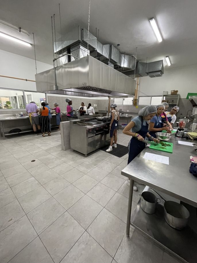 The whole gang collaborating for our cooking class