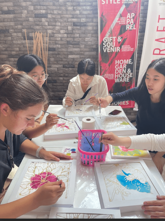 Students tried their hand at the batik technique through these floral designs.