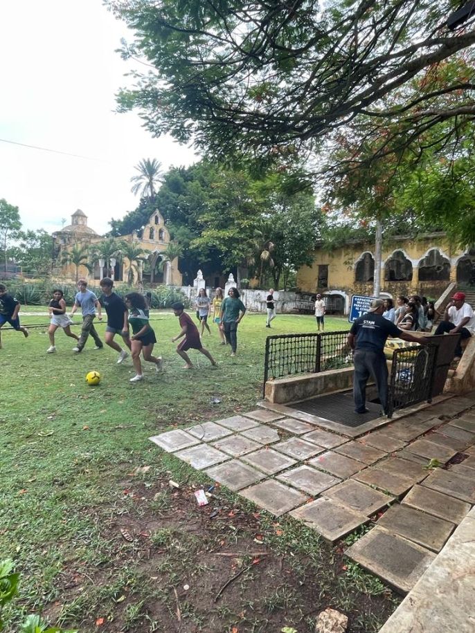 Intense soccer game with the local kids!