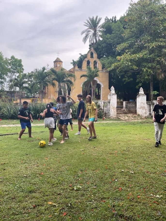 Intense soccer game with the local kids!