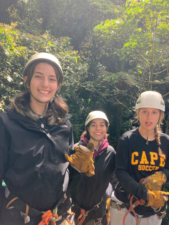 Maggie, Olivia, and Hartson enjoying zip lining and wearing all the gear!