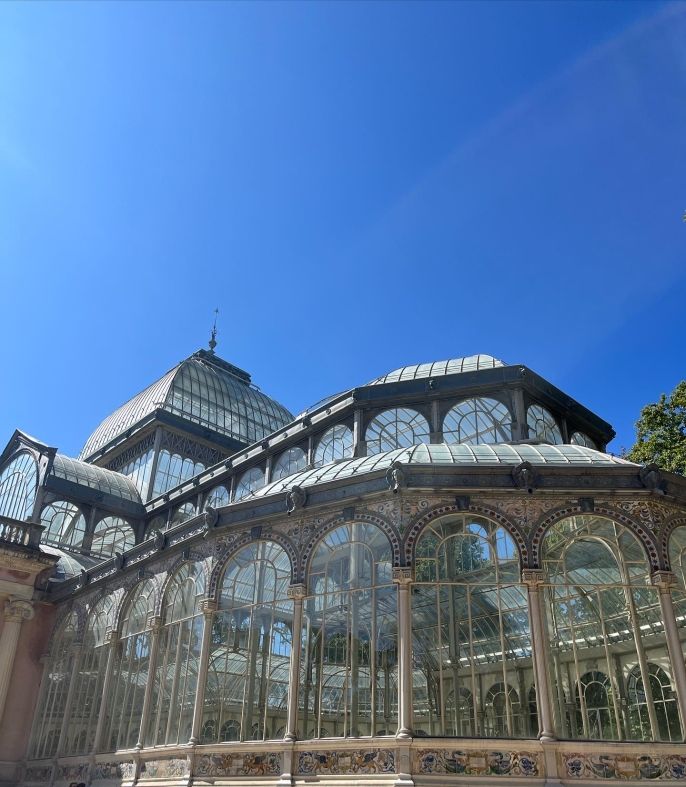 A side-view of the Palacio Cristal in Retiro Park.