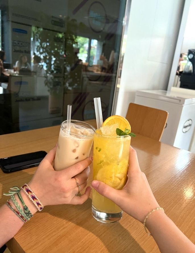 My roommate and I at the cafe called "Electric Sheep" enjoying a latte and orange ade in Hongdae.