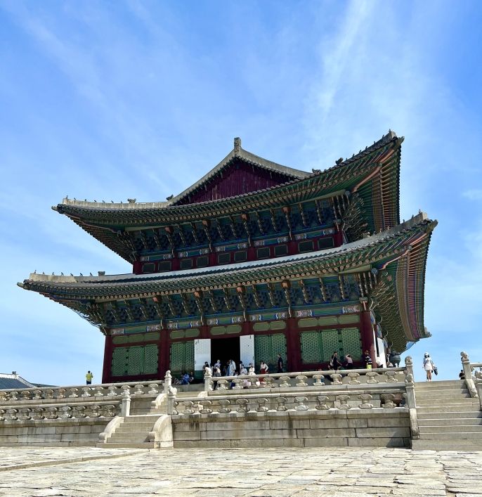 A close up view of the main building inside Gyeongbok Palace.