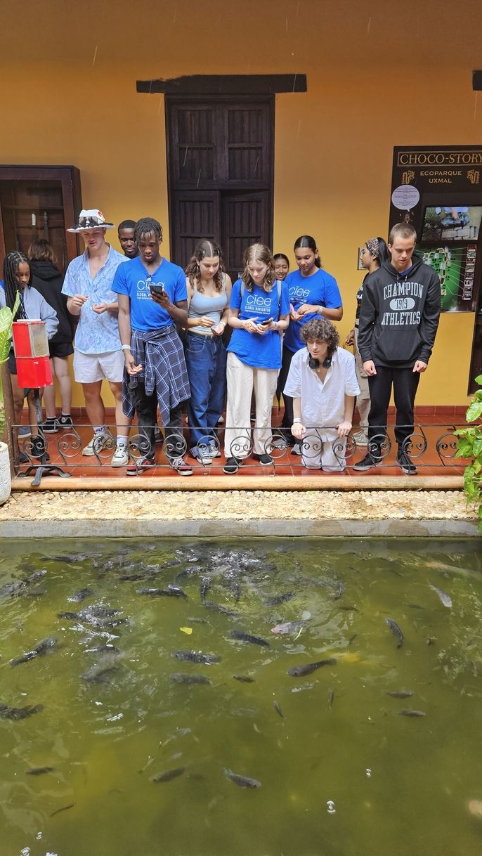 Students interact with fish in a koi pond