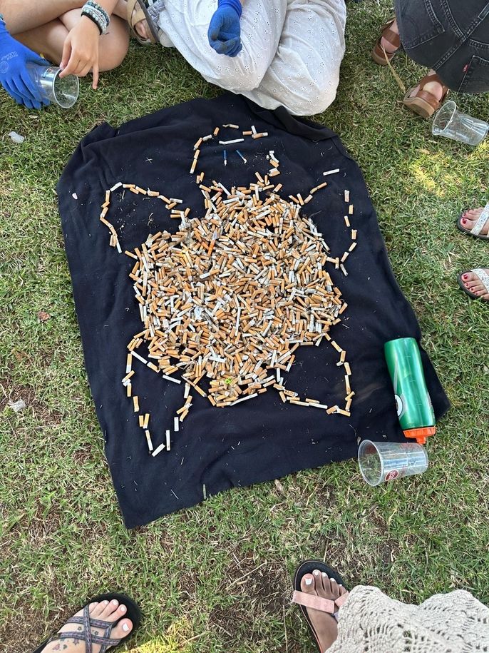 Cigarette art of a turtle on top of a black towel. 