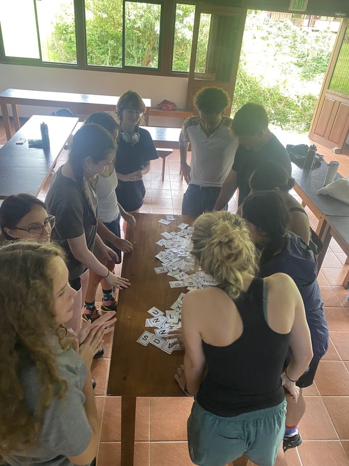 Students work on a word assembly game during Spanish class.