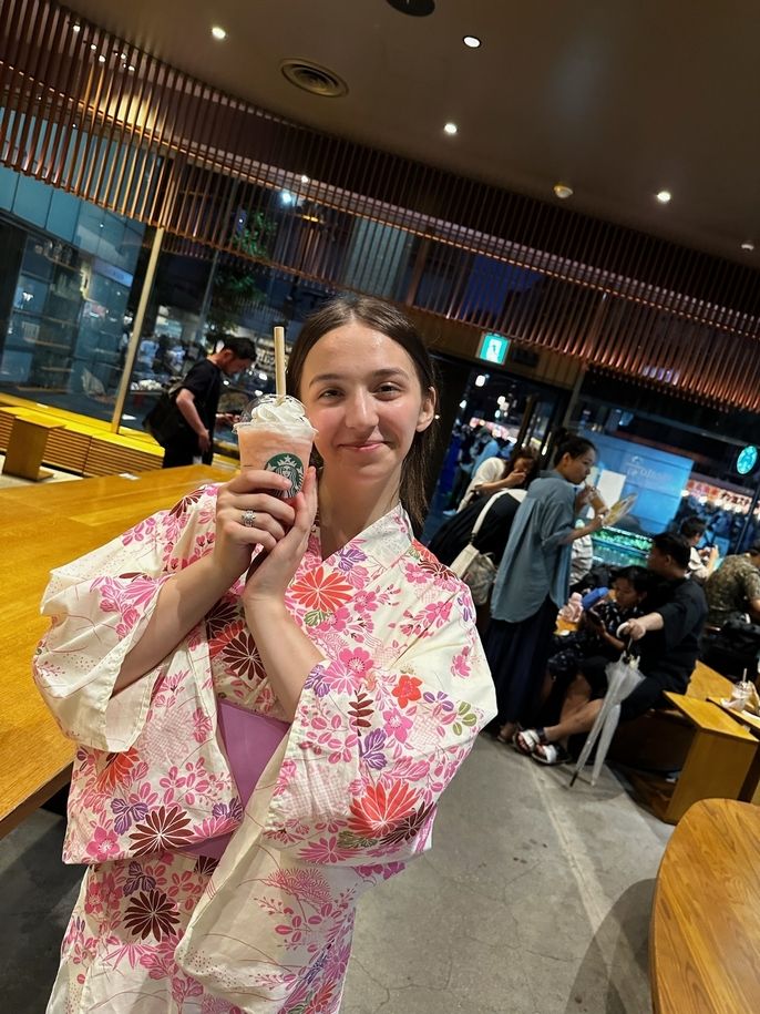 High school student in kimono while studying abroad in Japan
