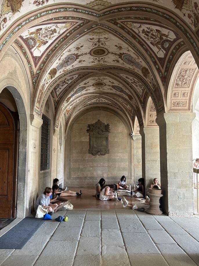 Students drawing at Villa Medicea di Poggio a Caiano in Florence, Italy