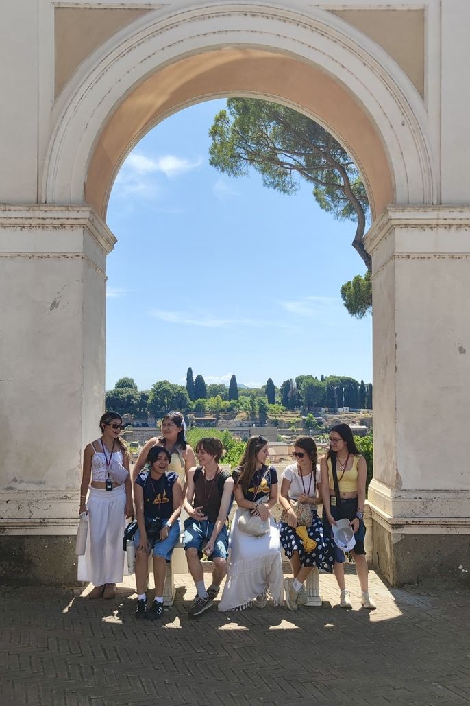 HSSA students laughing in archway