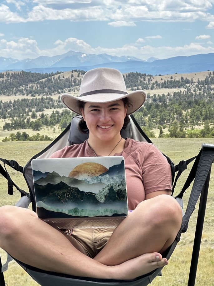 the author sitting with her laptop in the mountains!