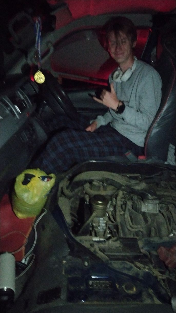 Neil in our broke-down combi at 4:30 am