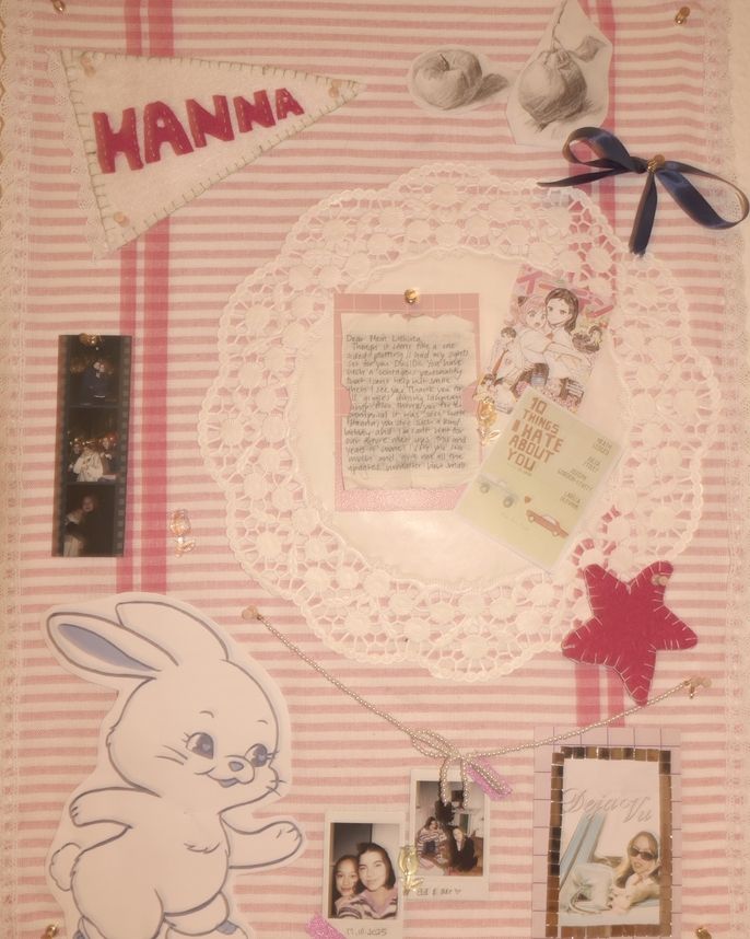 Hanna decorated a corkboard with pink fabric.