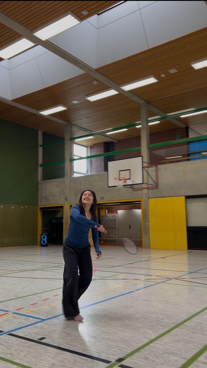 Hanna tries her hand at friendly game of badminton.