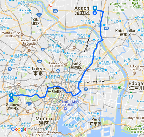 Map from NOYC to Kurishima Elementary School