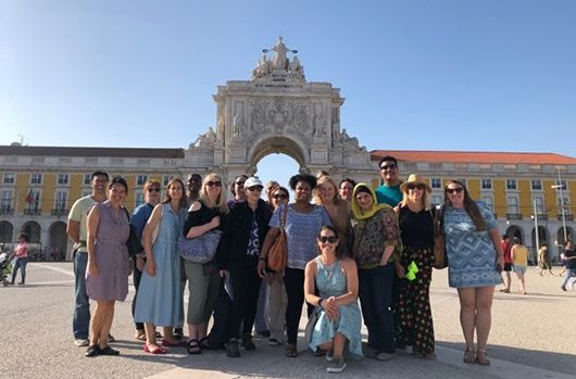 study abroad student group in lisbon city center