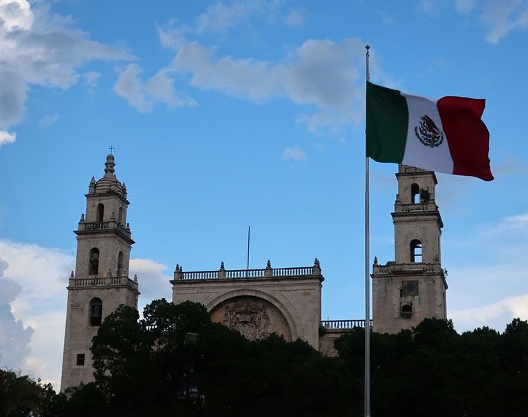 mexico famous building and flag