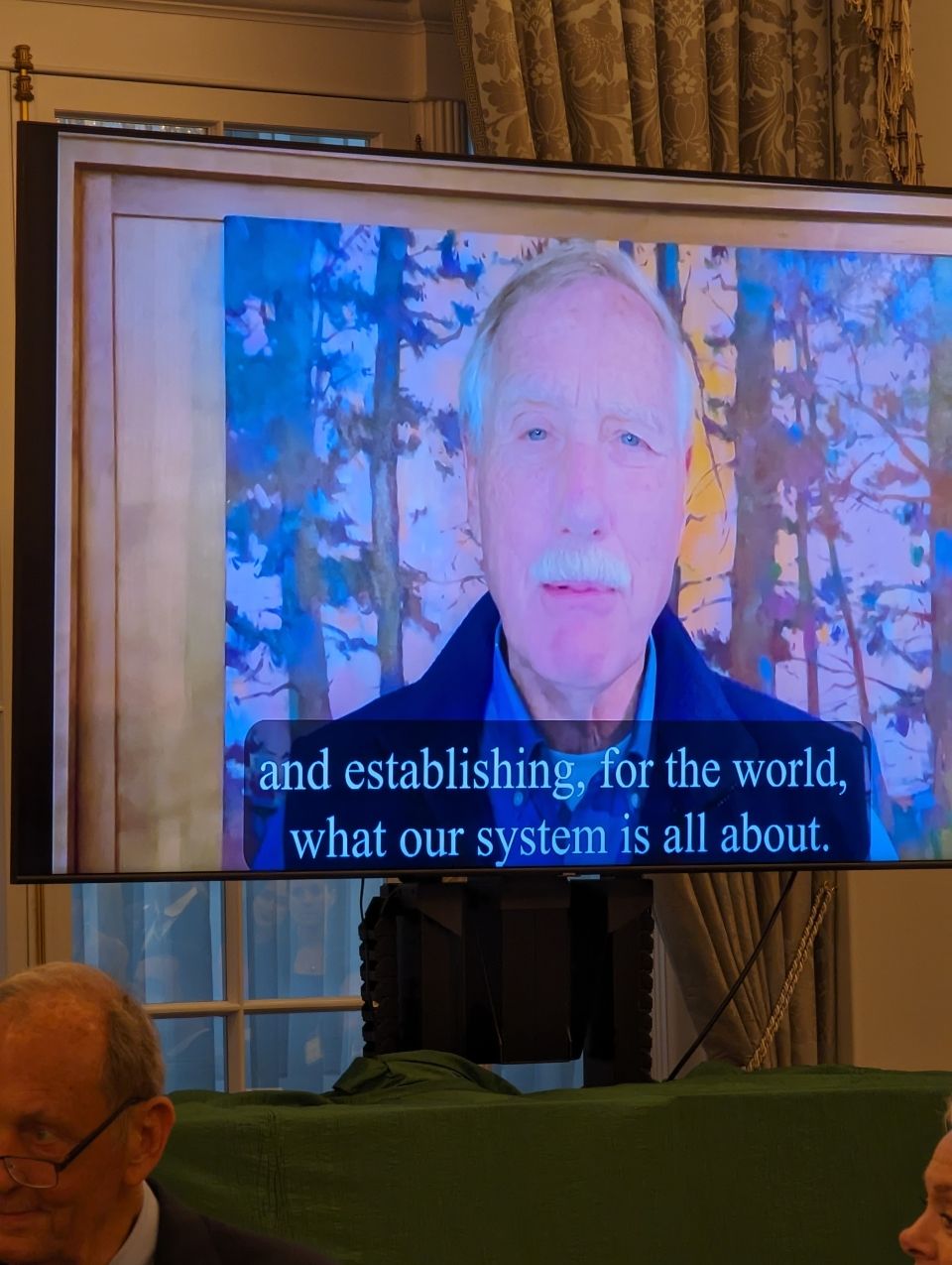 A Photo Senator Angus King sharing his message via video