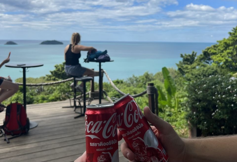 Two people with coca-cola drinks overlooking the ocean.