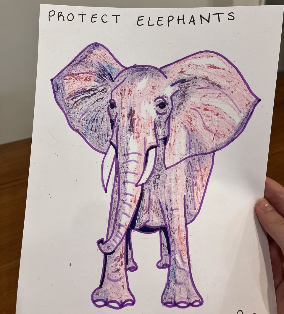 pink and purple drawing of an elephant that says on top "protect elephants"