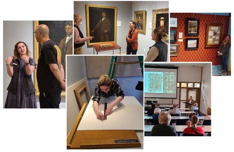 a collage of a student in an art museum