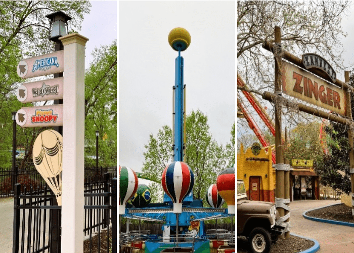3 photos showing amusement park rides with different themes (hot air balloon, safari)