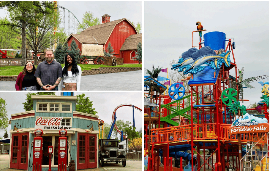a collage of 3 photos showing amusement park rides in a theme park