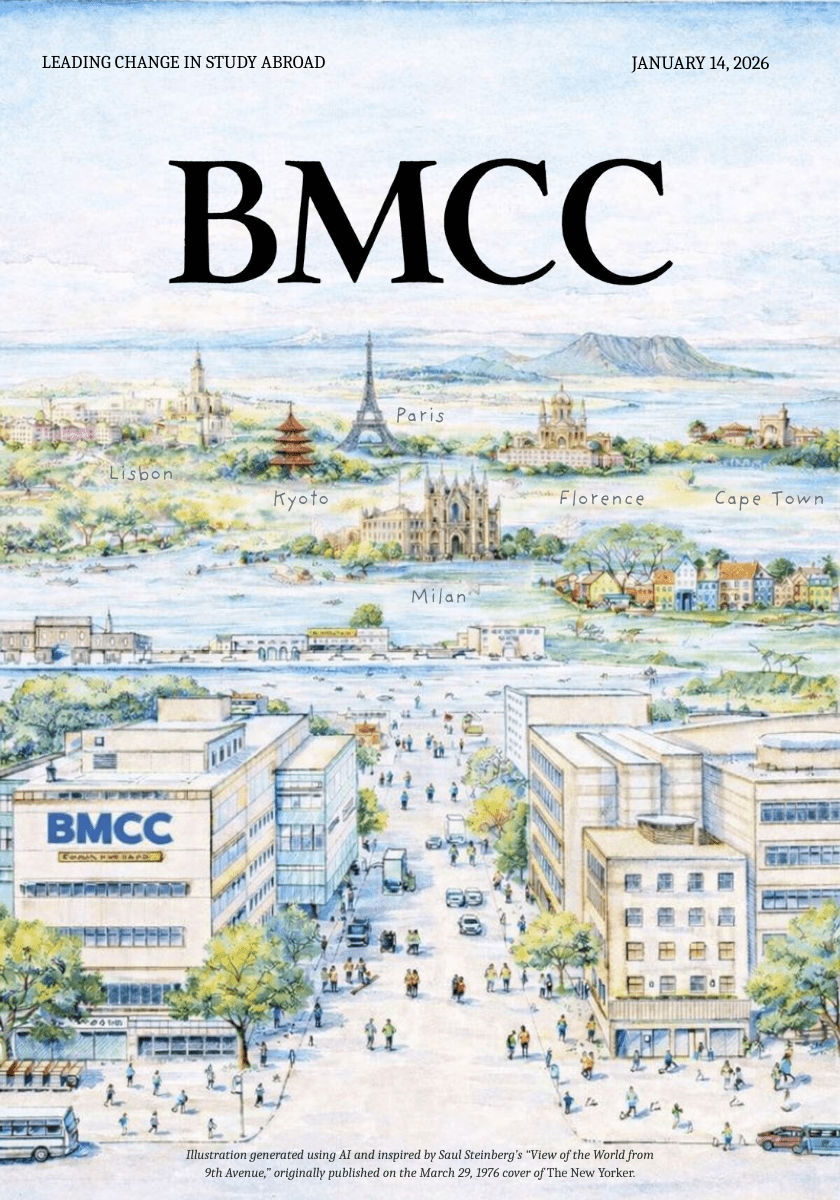 AI-generated illustrated cityscape showing a stylized, layered view of global landmarks from a New York perspective, with Manhattan buildings in the foreground and distant skylines representing cities including Paris, Florence, Milan, Amsterdam, Kyoto, and Cape Town.