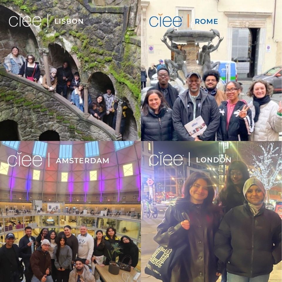 4 images (2x2) with people smiling and standing - locations are lisbon, rome, amsterdam, and london