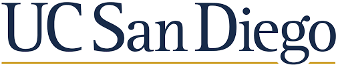 University of California San Diego Logo, blue text with thin serif font and a mustard yellow underline, no background