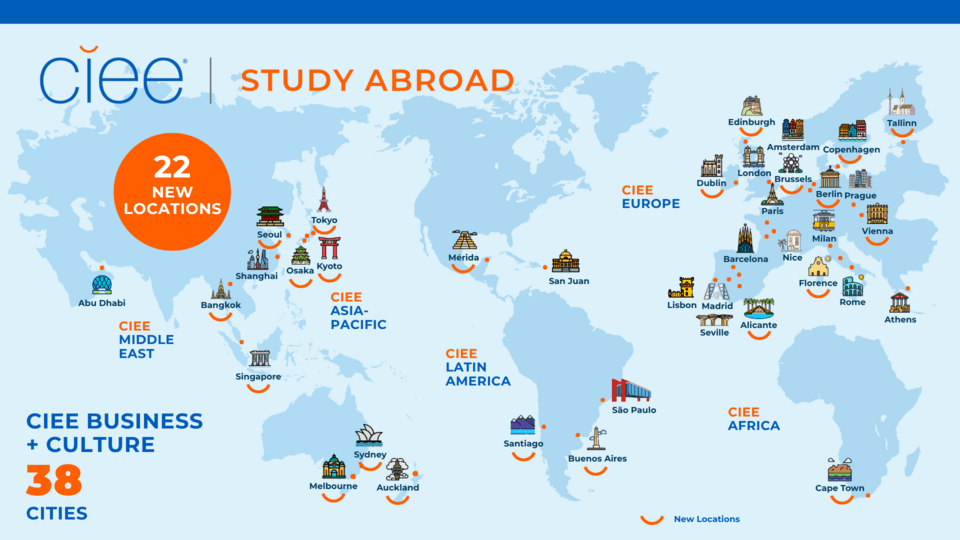 A map of CIEE locations that says "CIEE Study Abroad" and "CIEE Business + Culture: 38 Cities"