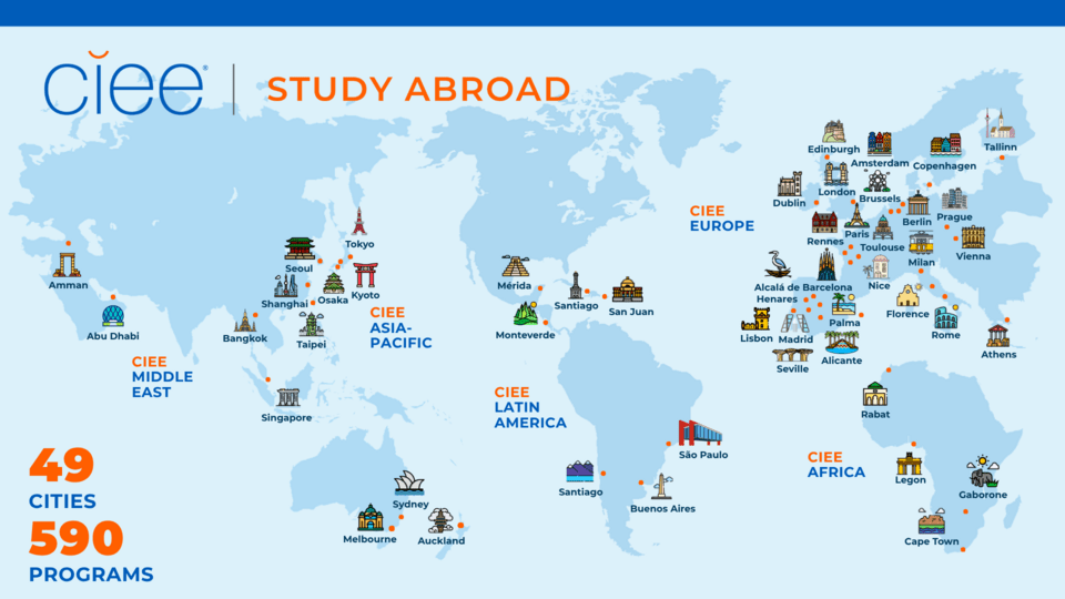 map of CIEE locations that says "CIEE Study Abroad" and "49 Cities, 590 Programs"
