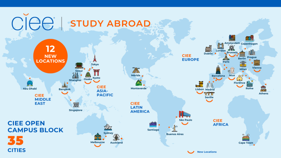 A map of CIEE locations that says "CIEE Study Abroad" and "CIEE Open Campus Block: 35 Cities"