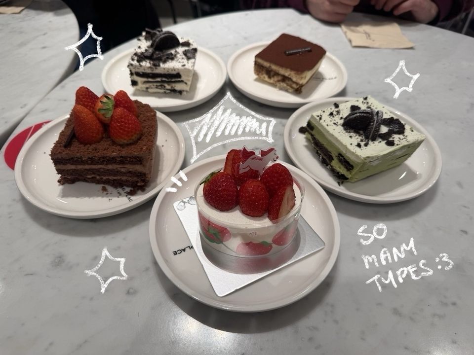 5 different types of cake, 2 iceberg cakes, 1 tiramisu, one strawberry, and 1 strawberry chocolate