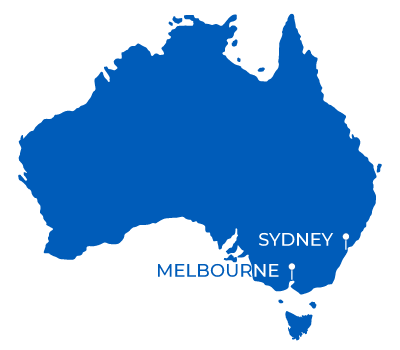 map of Australia with pins in Melbourne and Sydney