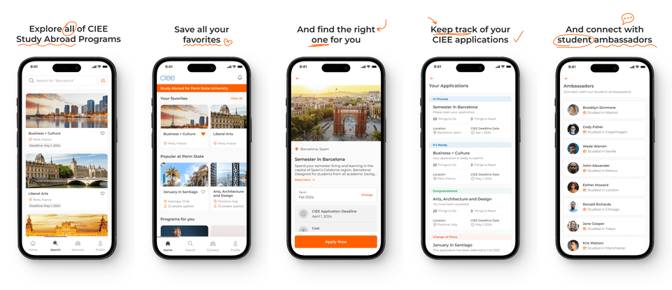 various screenshots of CIEE mobile app