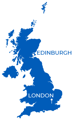 Map of Scotland with pins in Edinburgh and London