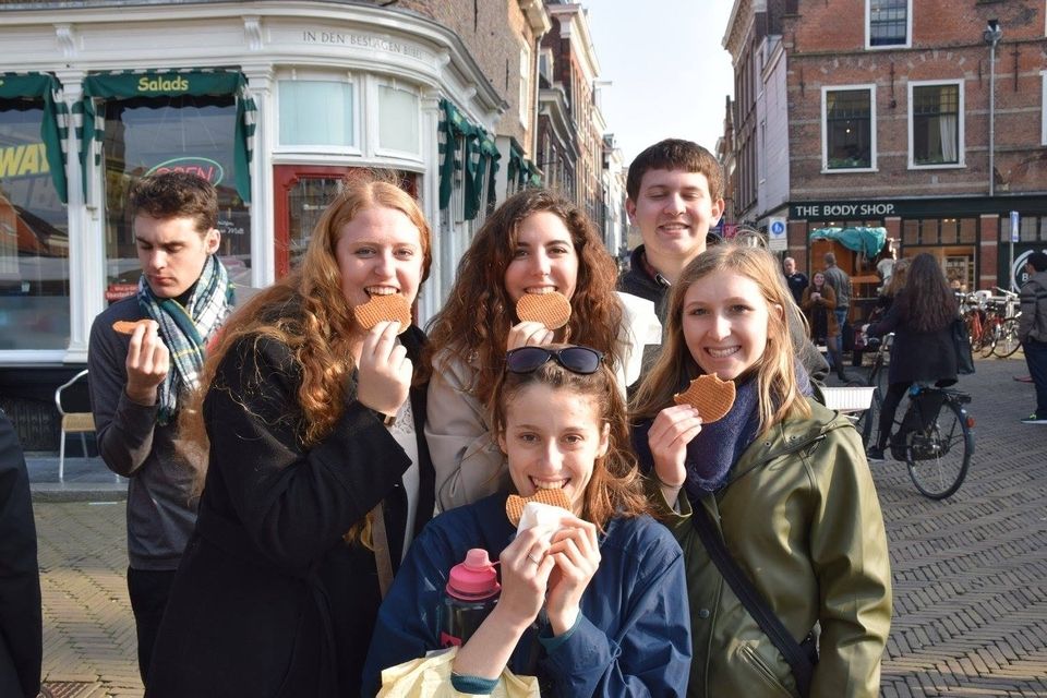 CIEE Brussels students eating waffles in street