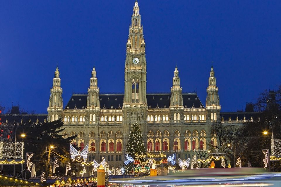 The Christkindlmarkt in the Rathausplatz in Vienna, Austria at night