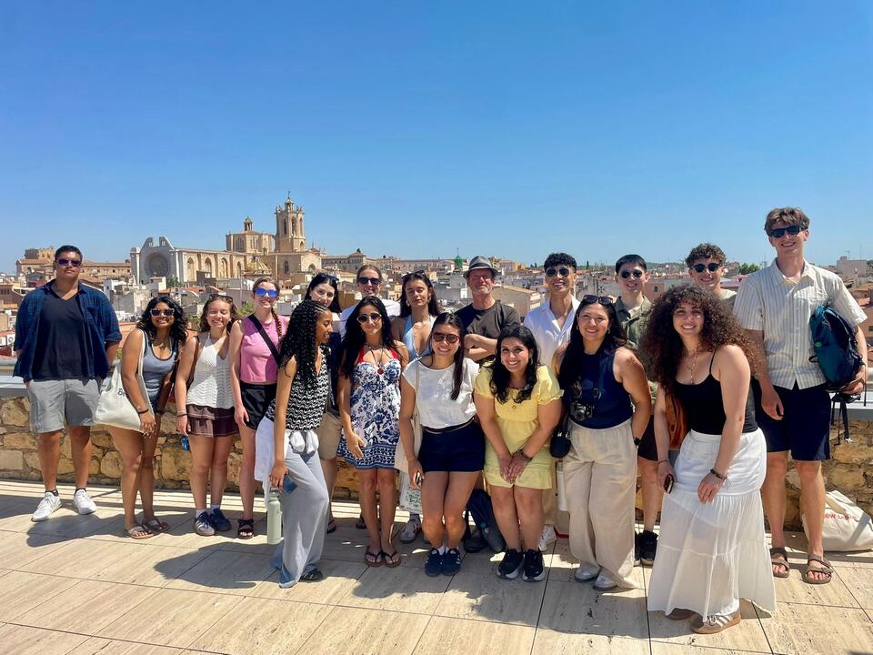 Students posing while exploring Roman heritage in Spain