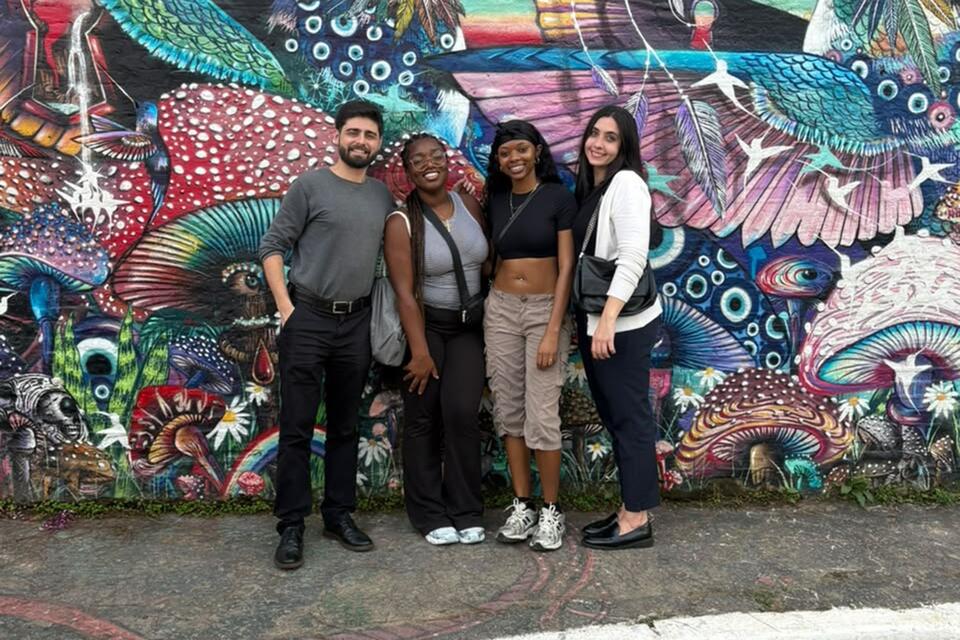 CIEE Sao Paulo students pose in front of mural in famous art district